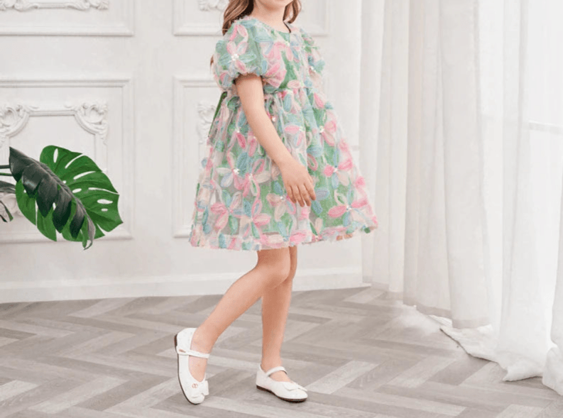 Leilani Bow Puff Sleeve Floral Tulle Dress | Girls Special Occasion Dresses - i-diya