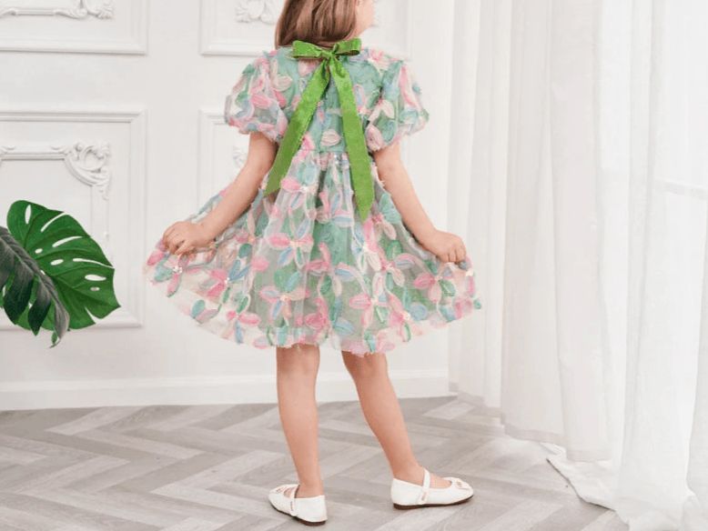 Leilani Bow Puff Sleeve Floral Tulle Dress | Girls Special Occasion Dresses - i-diya