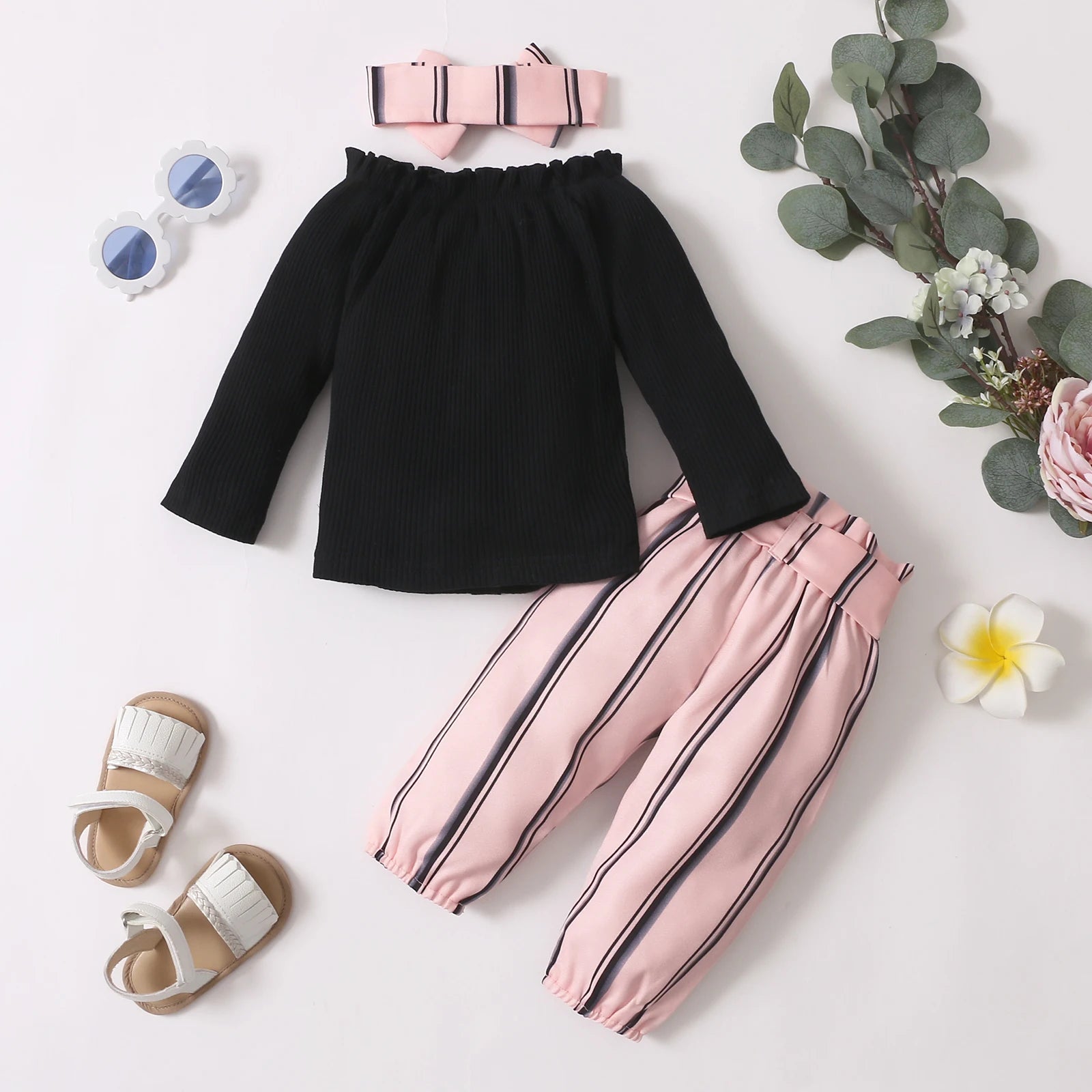 Long Sleeve Top Striped Pants Baby Set | Baby Girl Outfit Set - i-diya