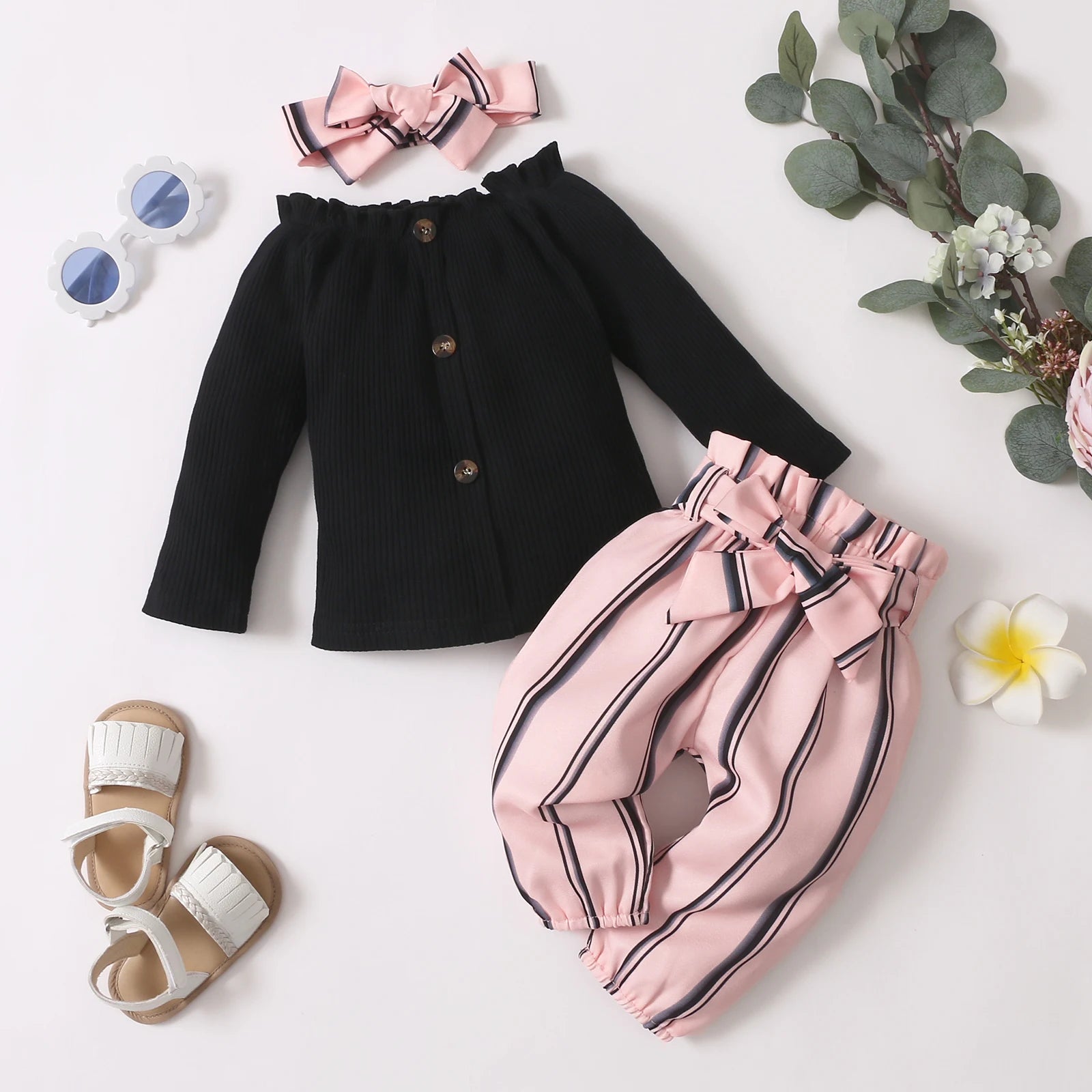 Long Sleeve Top Striped Pants Baby Set | Baby Girl Outfit Set - i-diya