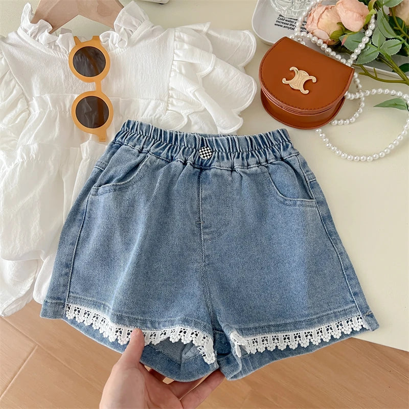 Milky White Wide Top And Denim Shorts Set | Girls Spring Casual Set - i-diya