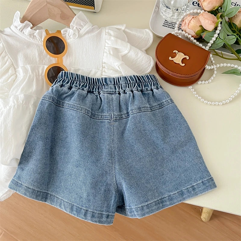 Milky White Wide Top And Denim Shorts Set | Girls Spring Casual Set - i-diya