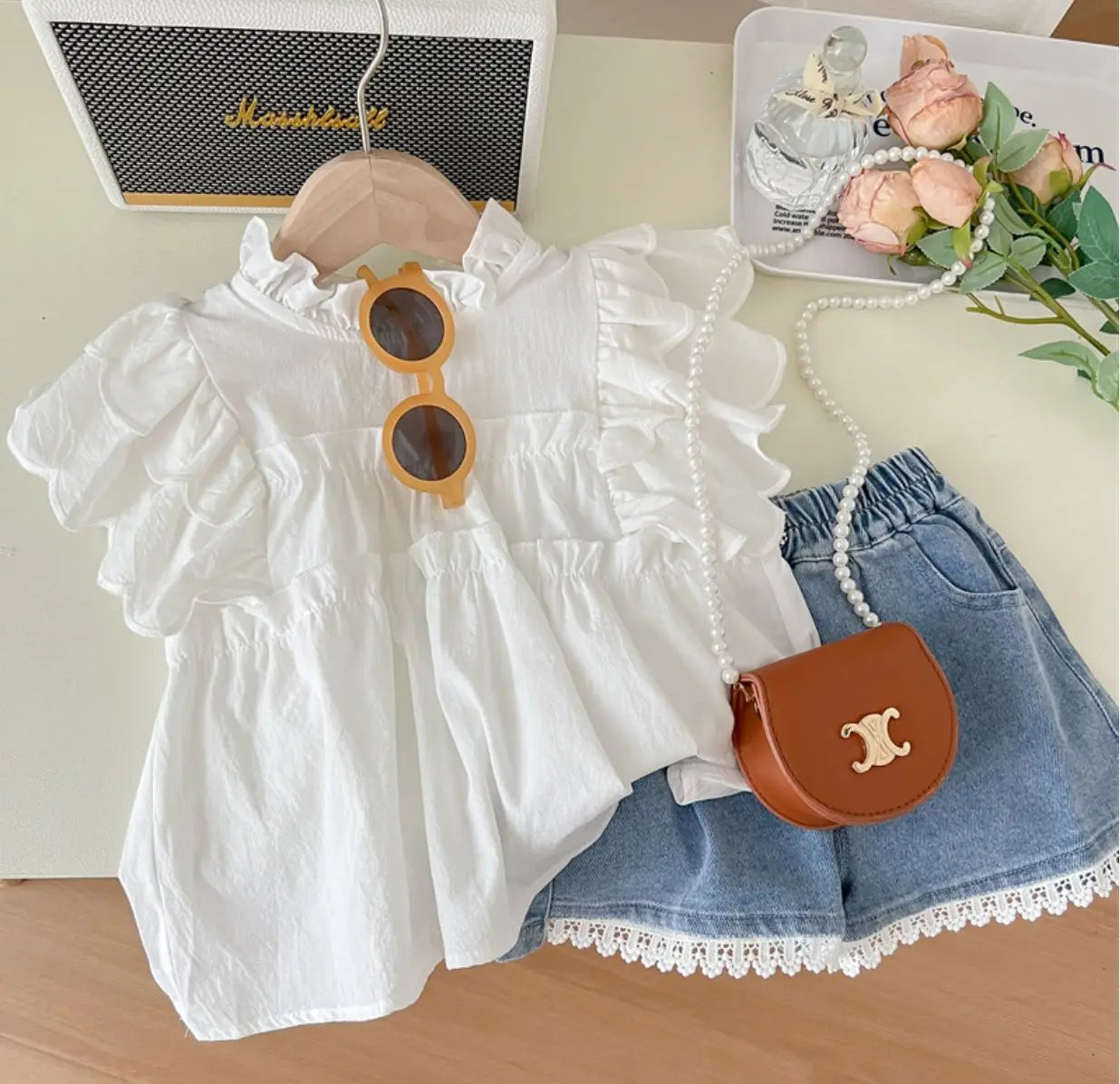 Milky White Wide Top And Denim Shorts Set | Girls Spring Casual Set - i-diya