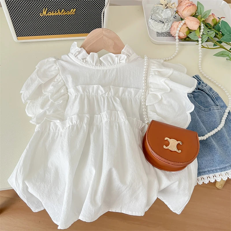 Milky White Wide Top And Denim Shorts Set | Girls Spring Casual Set - i-diya