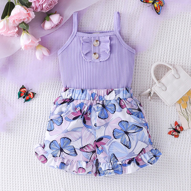 Purple Ribbed Tank Top And Butterfly Shorts Set | Girls Spring Casual Set - i-diya