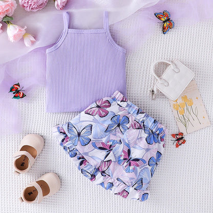 Purple Ribbed Tank Top And Butterfly Shorts Set | Girls Spring Casual Set - i-diya