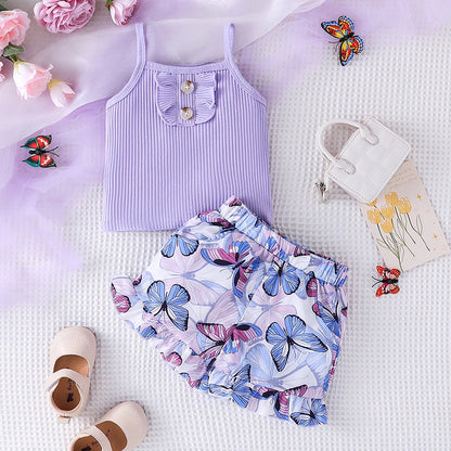 Purple Ribbed Tank Top And Butterfly Shorts Set | Girls Spring Casual Set - i-diya