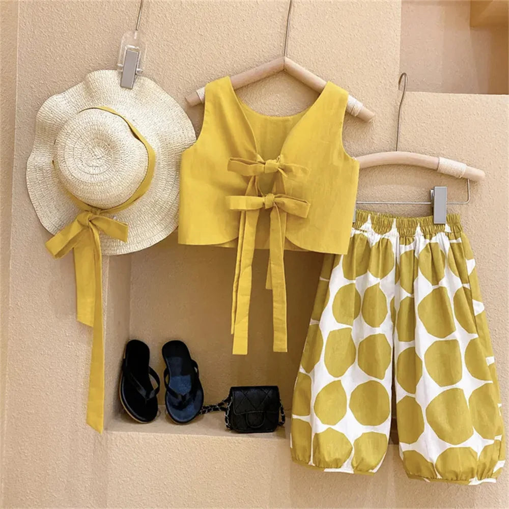 Ribbon-Tie Top Harem Pants and Hat Set | Girls Spring Casual Set - i-diya