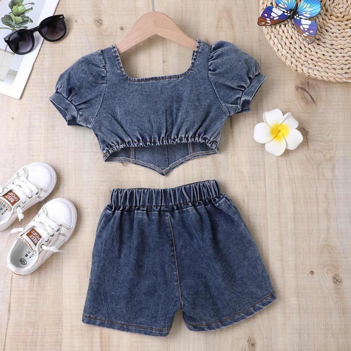 Rustic Denim Crop Top and Shorts Set | Girls Denim Shorts Set - i-diya