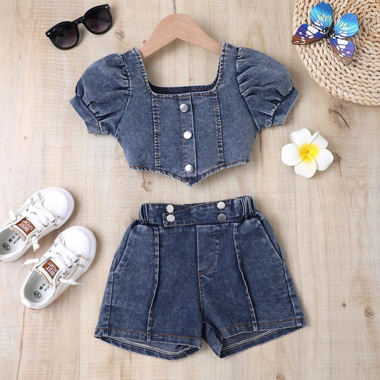 Rustic Denim Crop Top and Shorts Set | Girls Denim Shorts Set - i-diya