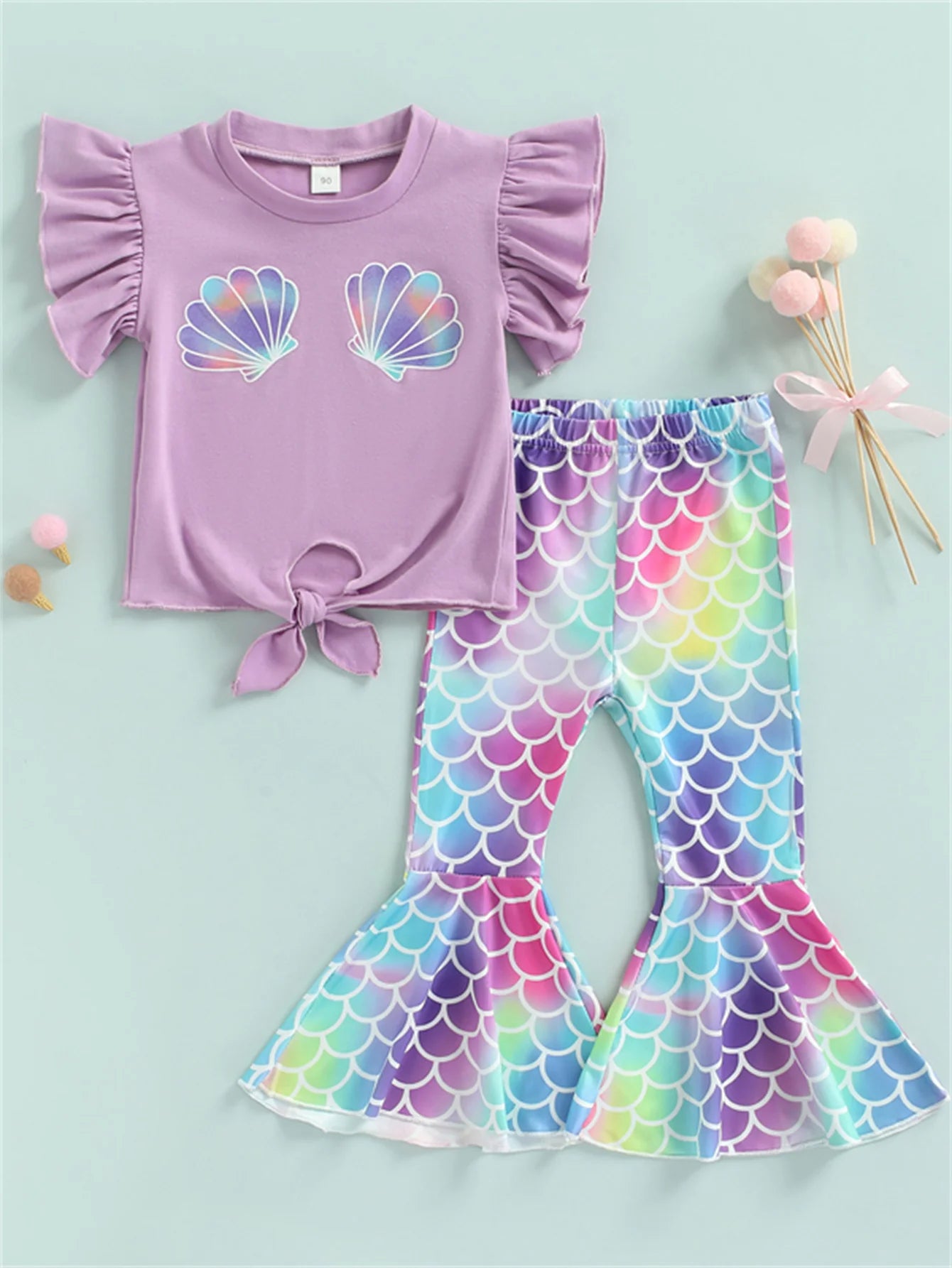 Seashell Top and Mermaid Flared Pants Set | Baby Girl Outfit Set - i-diya