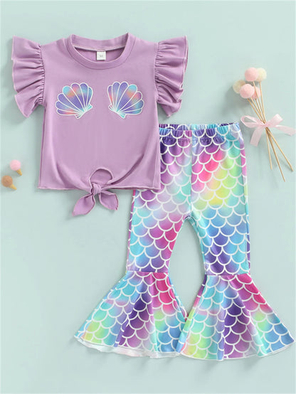 Seashell Top and Mermaid Flared Pants Set | Baby Girl Outfit Set - i-diya