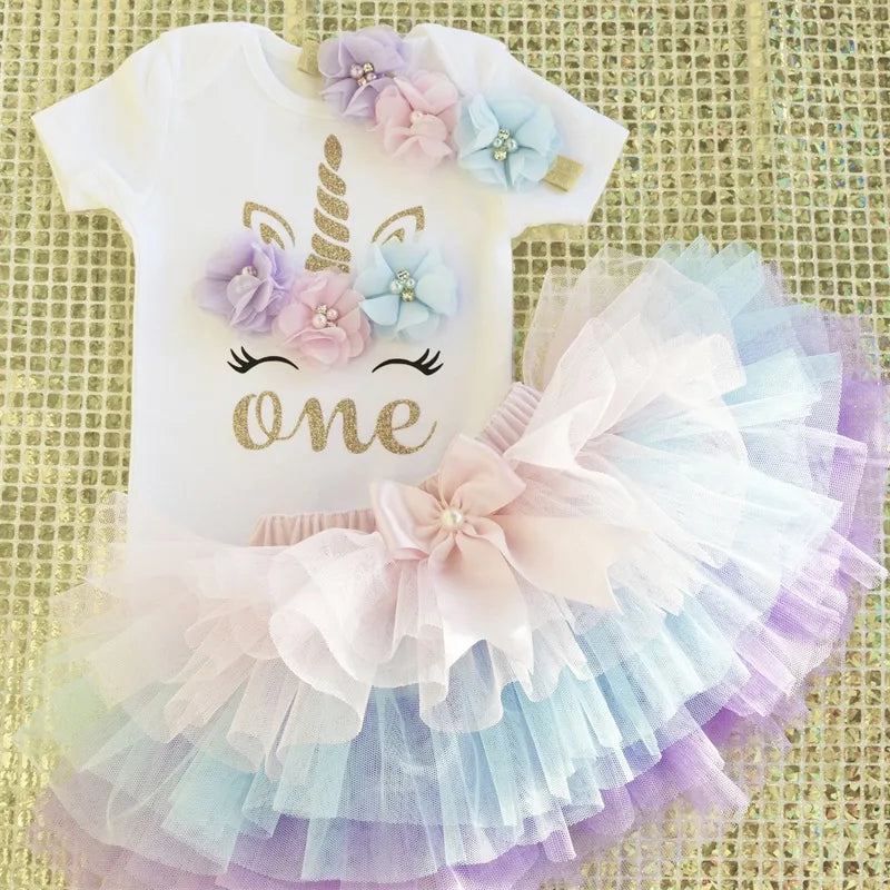 Seraphina 1st Birthday Unicorn Rainbow Tutu Skirt Set | Baby Girl Birthday Outfit - i-diya