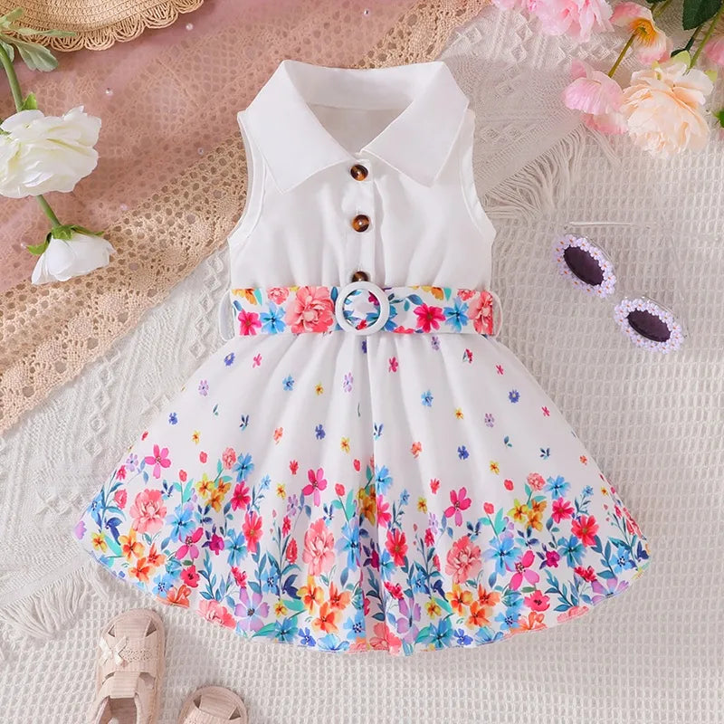 Spring Flowers Collared Neck Belted Dress | Girls Spring Casual Dress - i-diya