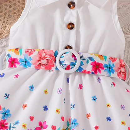 Spring Flowers Collared Neck Belted Dress | Girls Spring Casual Dress - i-diya