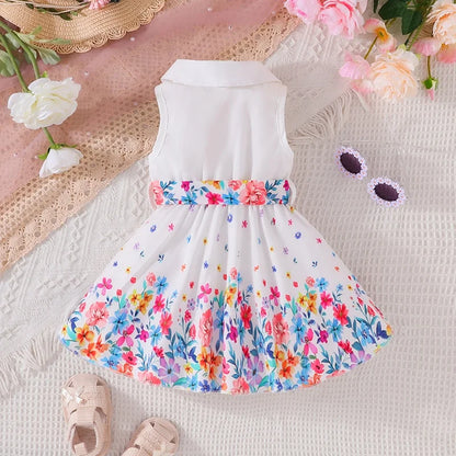 Spring Flowers Collared Neck Belted Dress | Girls Spring Casual Dress - i-diya