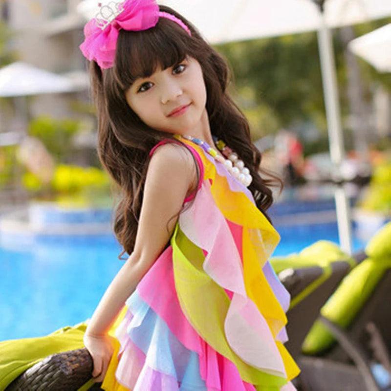 Girls Streaming Rainbow Ruffles Summer Dress - i-diya