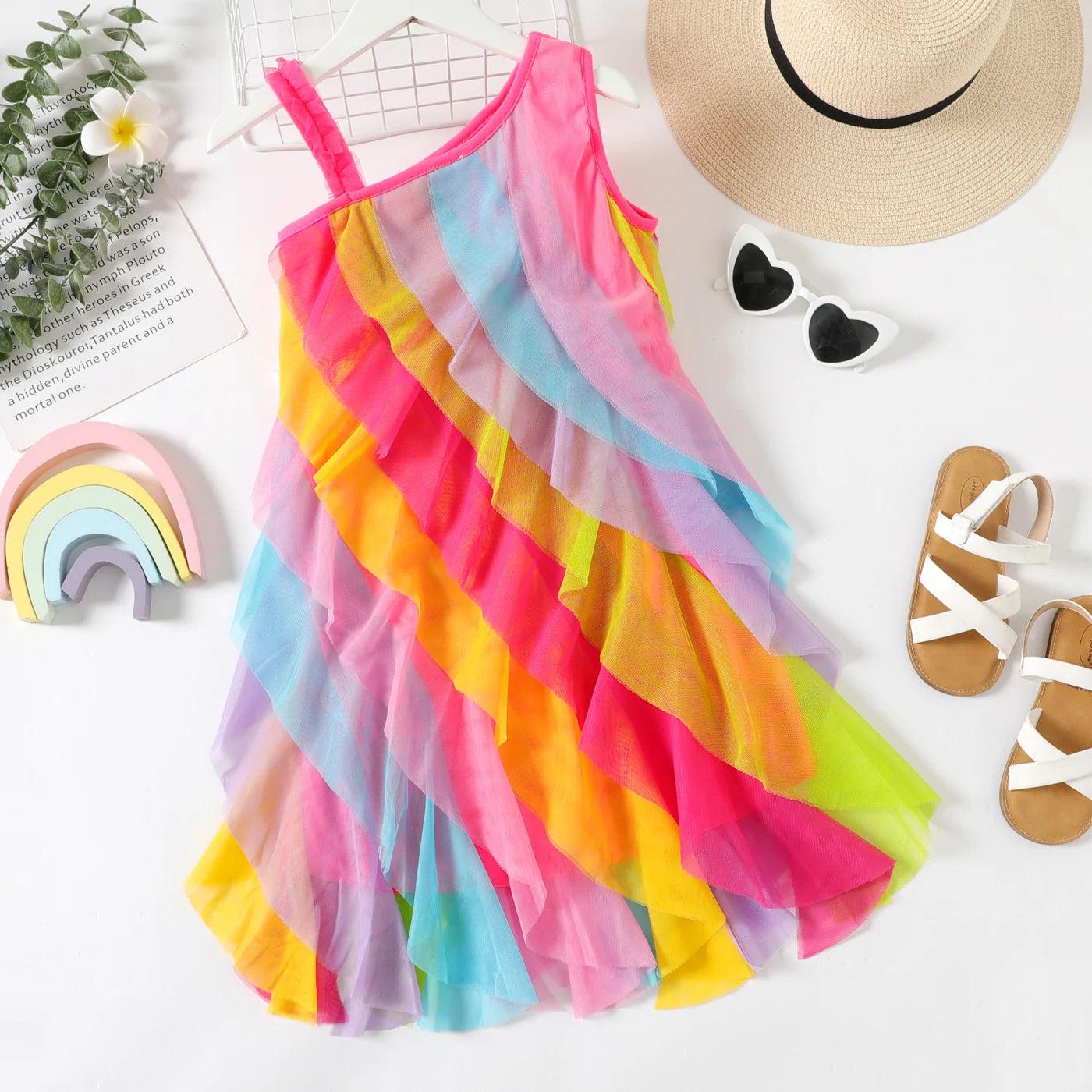 Girls Streaming Rainbow Ruffles Summer Dress - i-diya