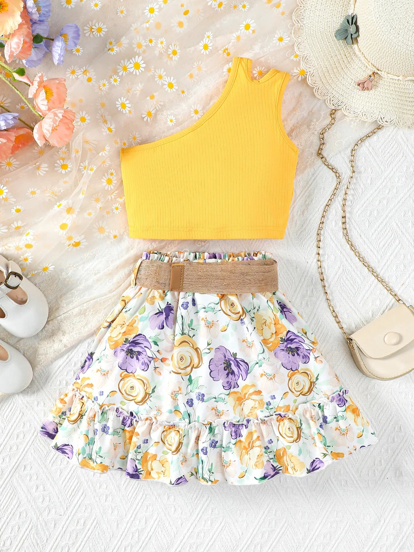 Sulien Yellow Floral Skirt Set | Girls Spring Casual Set - i-diya