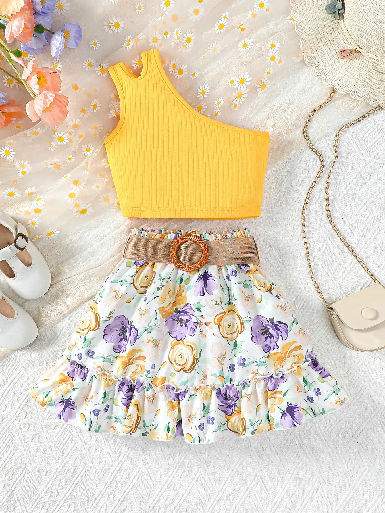 Sulien Yellow Floral Skirt Set | Girls Spring Casual Set - i-diya