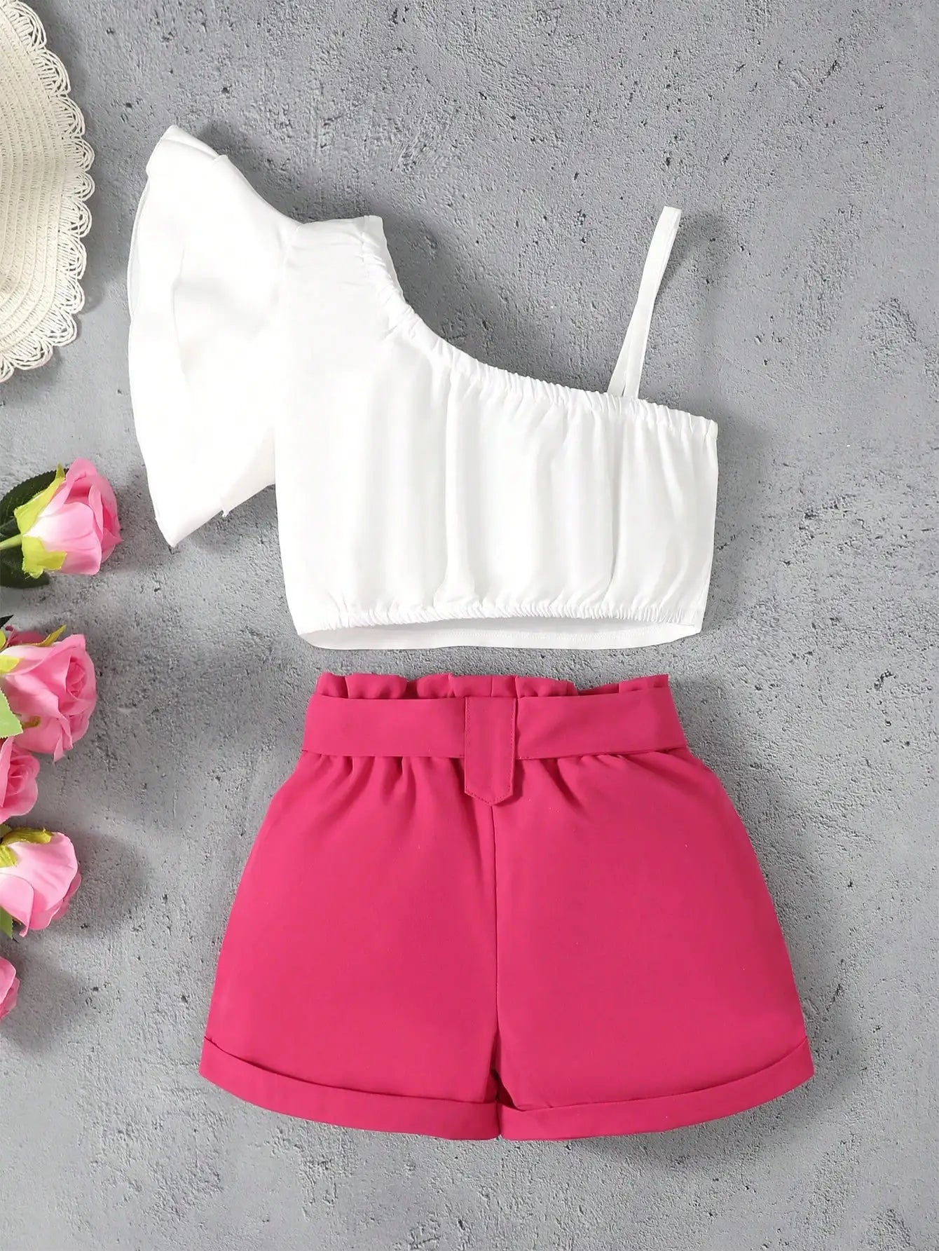 Trendy Girl in Pink Paper Bag Shorts Set | Girls Spring Casual Set - i-diya