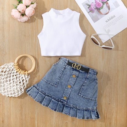 Turtleneck Tank Top and Denim Belted Skirt Set | Baby Girl Outfit Set - i-diya