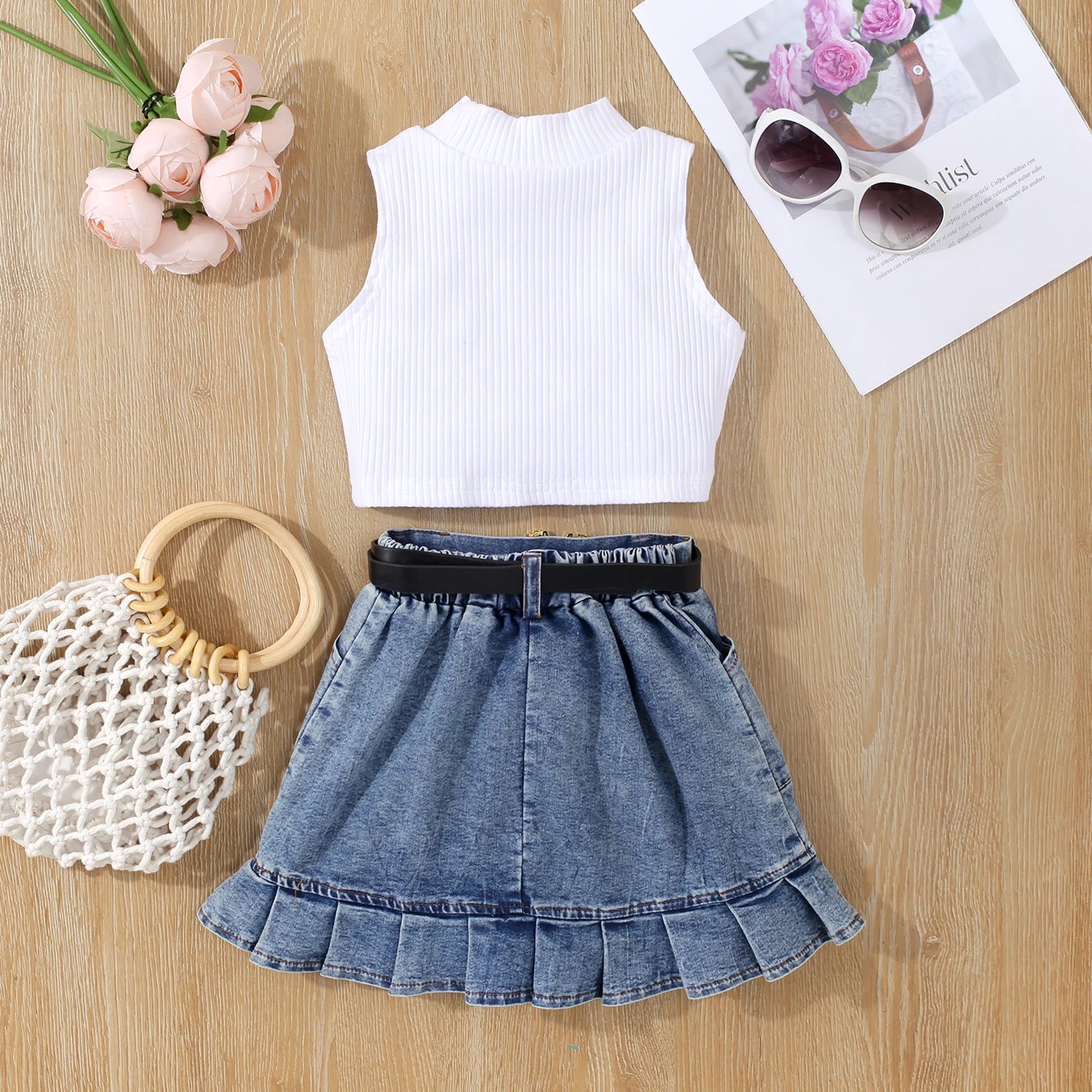 Turtleneck Tank Top and Denim Belted Skirt Set | Baby Girl Outfit Set - i-diya