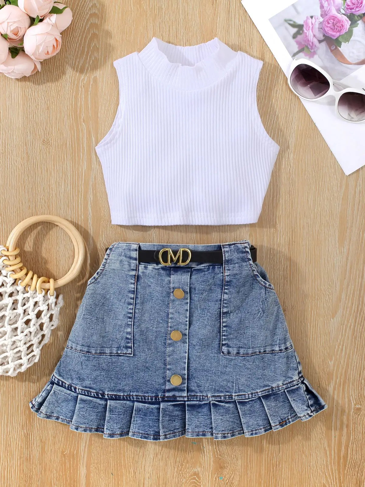 Turtleneck Tank Top and Denim Belted Skirt Set | Baby Girl Outfit Set - i-diya