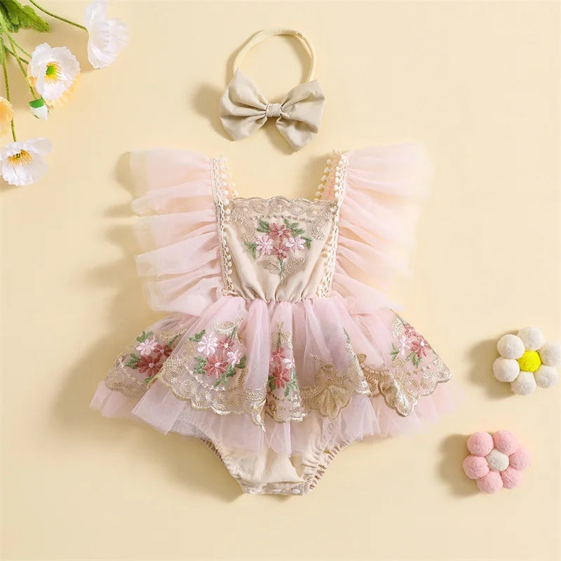 Vintage Lace Embroidery Tulle Romper Dress | Baby Girl Vintage Lace Romper Dress - i-diya