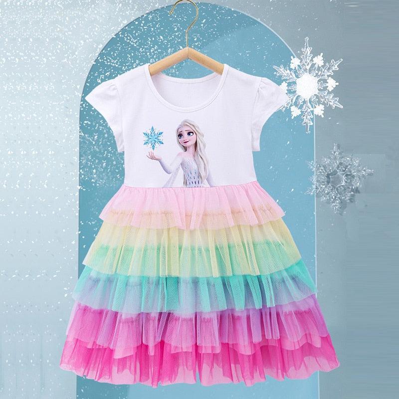 White Bodice Rainbow Tiered Skirt Frozen Elsa Tulle Dress | Toddler Girl Frozen Elsa Dresses - i-diya