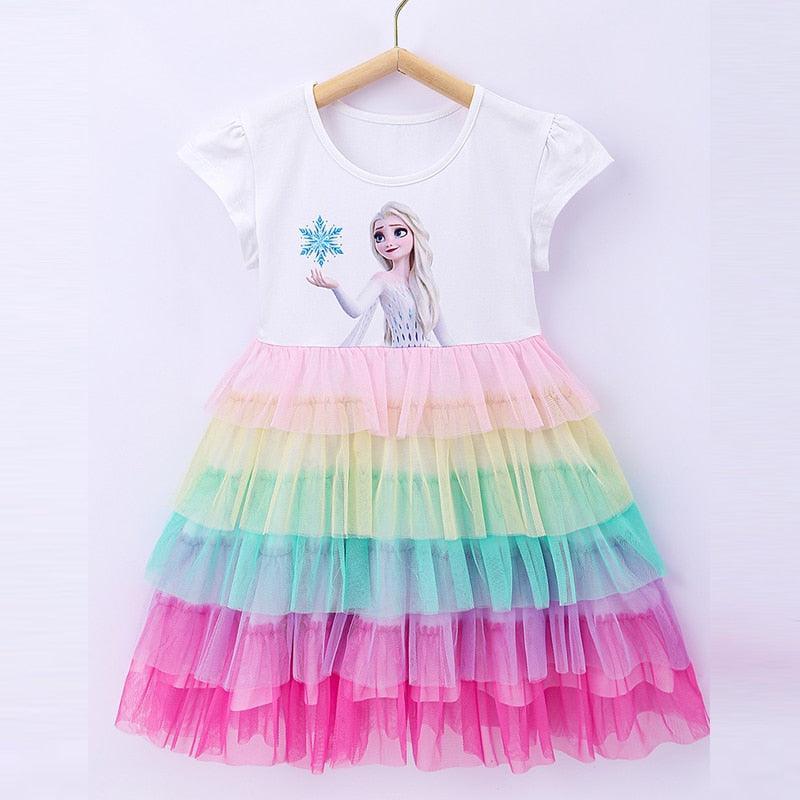 White Bodice Rainbow Tiered Skirt Frozen Elsa Tulle Dress | Toddler Girl Frozen Elsa Dresses - i-diya