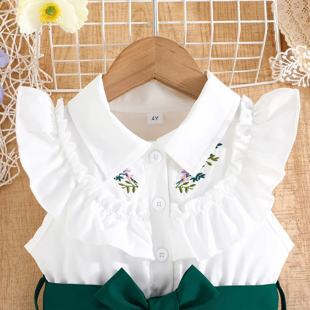 White & Emerald Green Collared Embroidery Dress | Girls School Dresses - i-diya