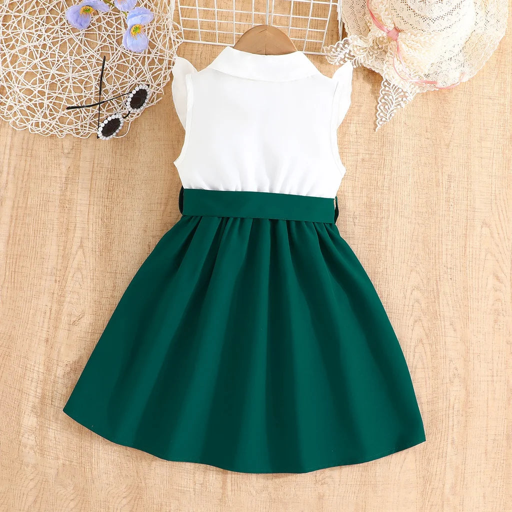 White & Emerald Green Collared Embroidery Dress | Girls School Dresses - i-diya