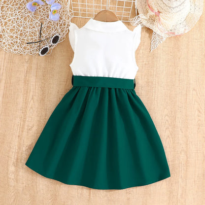 White & Emerald Green Collared Embroidery Dress | Girls School Dresses - i-diya