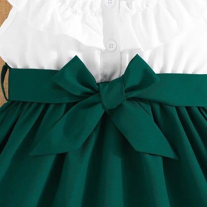 White & Emerald Green Collared Embroidery Dress | Girls School Dresses - i-diya