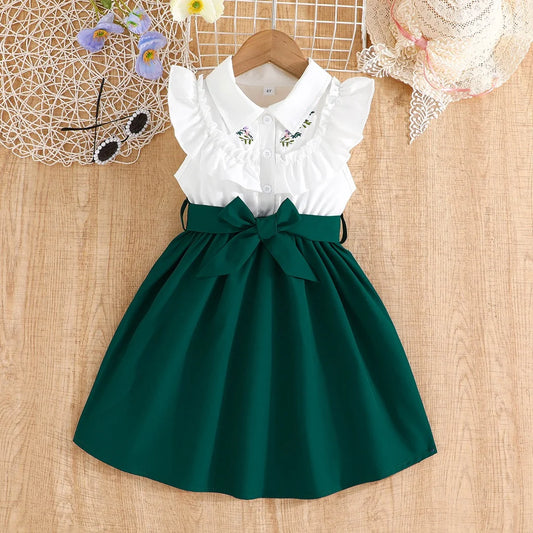 White & Emerald Green Collared Embroidery Dress | Girls School Dresses - i-diya