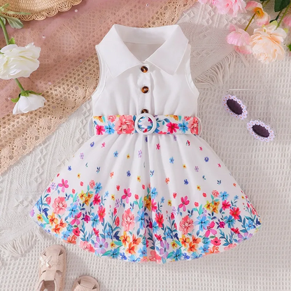 Spring Flowers Collared Neck Belted Dress | Baby Summer Dresses 